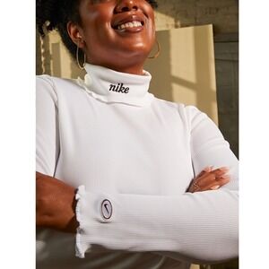 Nike RARE Womens Sportswear Ribbed Long Sleeve‎ Mock Neck Top White Fitted